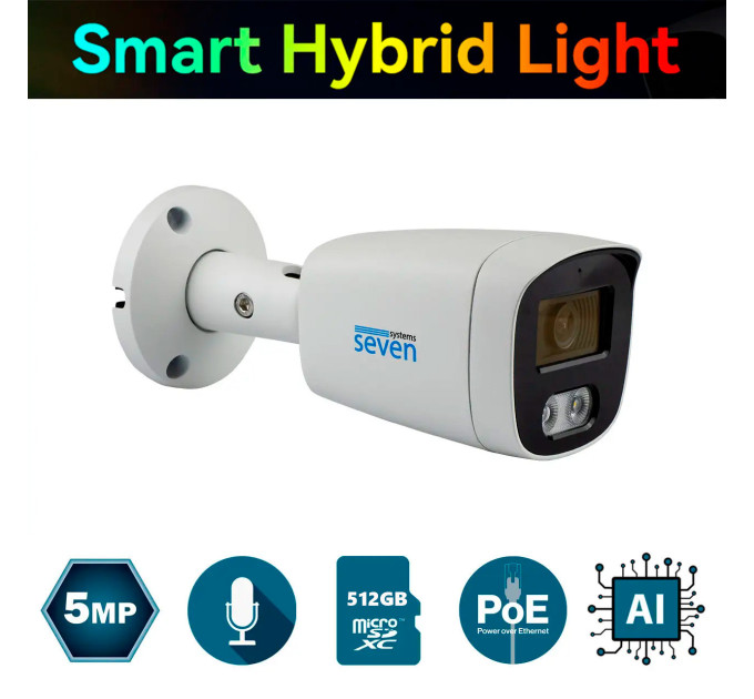 IP-відеокамера 5 Мп SEVEN IP-1025PA-DL white 2,8 мм з розумним підвійним підсвічуванням IP-відеокамера 5 Мп SEVEN IP-1025PA-DL white 2,8 мм з розумним підвійним підсвічуванням