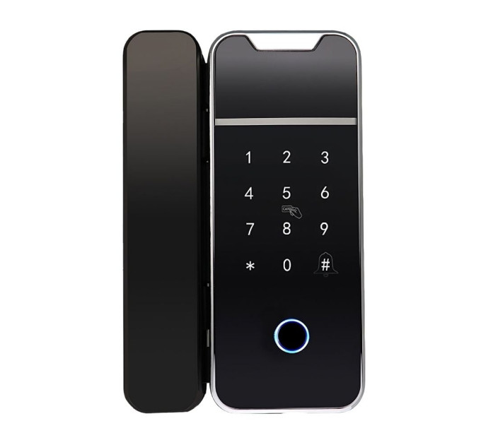 Замок біометричний автономний на скляні двері Trinix TRL-3307BTG з Bluetooth, зчитувачем відбитків пальців і карт Mifare