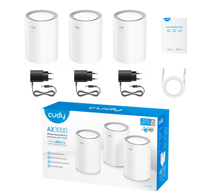 Маршрутизатор WiFi Mesh-система WiFi 6 2.5G Cudy M3000 V2.0 White (3-Pack) 3 штуки дводіапазонні AX3000