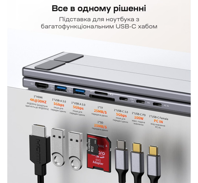 USB-C хаб-подставка 7-в-1 Choetech M57 HDMI 4K@30Hz, 2 USB 3.0, USB-C Data, USB-C PD 100W, SD-card, TF-card