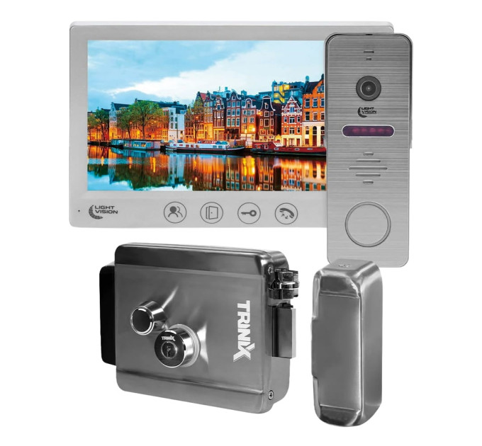 Комплект видеодомофона Light Vision с электрозамком: домофон 7" AMSTERDAM FHD White, видеопанель 2Mp RIO FHD Grey, электромеханический замок Trinix TRX Fass Steel Комплект видеодомофона Light Vision с электрозамком: домофон 7" AMSTERDAM FHD White, видеопанель 2Mp RIO FHD Grey, электромеханический замок Trinix TRX Fass Steel