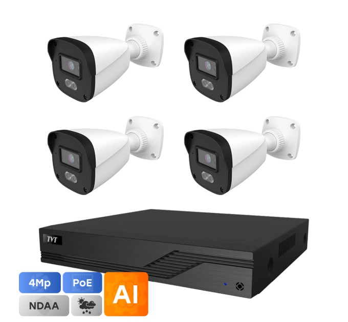 Комплект IP-відеонагляду на 4 камери TVT IP-Video Kit 4x4Mp (B) PoE: 4 циліндричні 4Mp відеокамери + 4-канальний 6Mp відеореєстратор