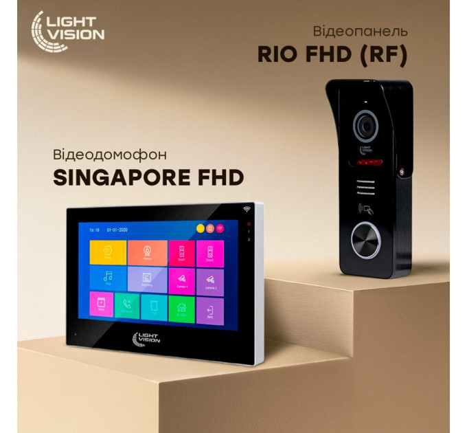 Комплект видеодомофона Light Vision: домофон 7" SINGAPORE (AI) FHD Black и видеопанель RIO FHD Black