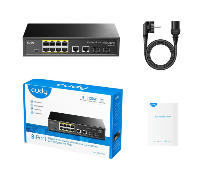 PoE-комутатор 12-портовий некерований Cudy GS1010PS2 гігабітний з 8 портами PoE+, 120W