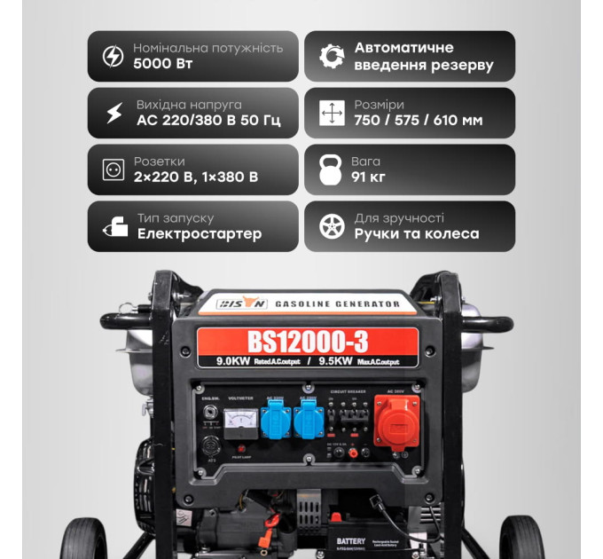 Генератор бензиновий трифазний 9 кВт Bison BS12000-3