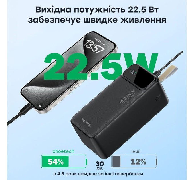 Повербанк 50000 mAh Choetech B732 Black 22.5W QC3.0 PD3.0