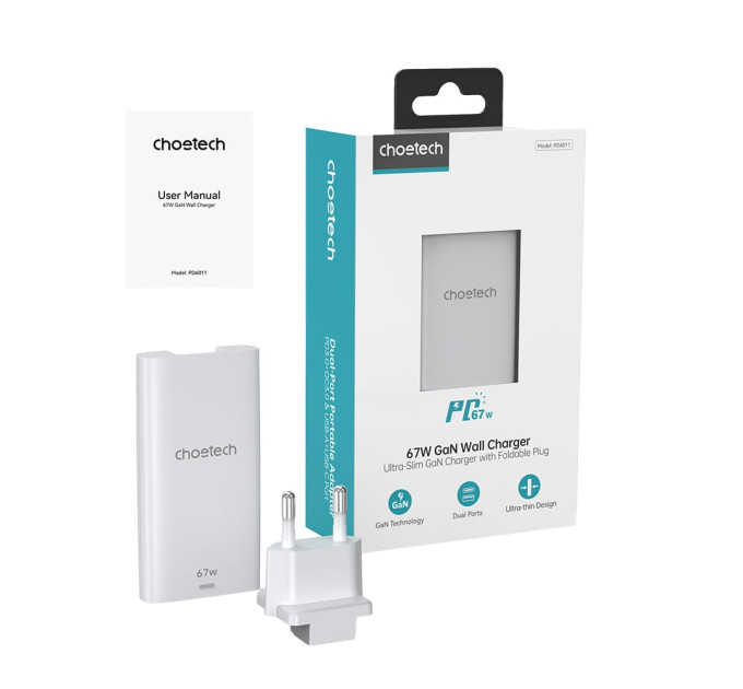 Мережевий зарядний пристрій Choetech PD6011 Ultra thin PD67W GAN A+C White