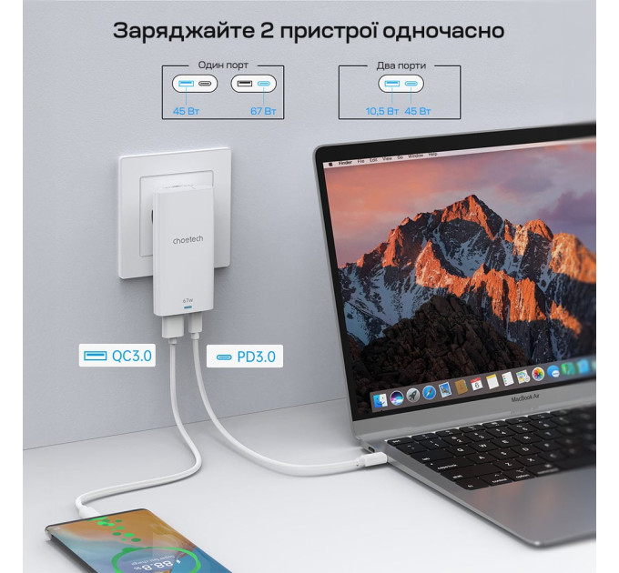 Мережевий зарядний пристрій Choetech PD6011 Ultra thin PD67W GAN A+C White
