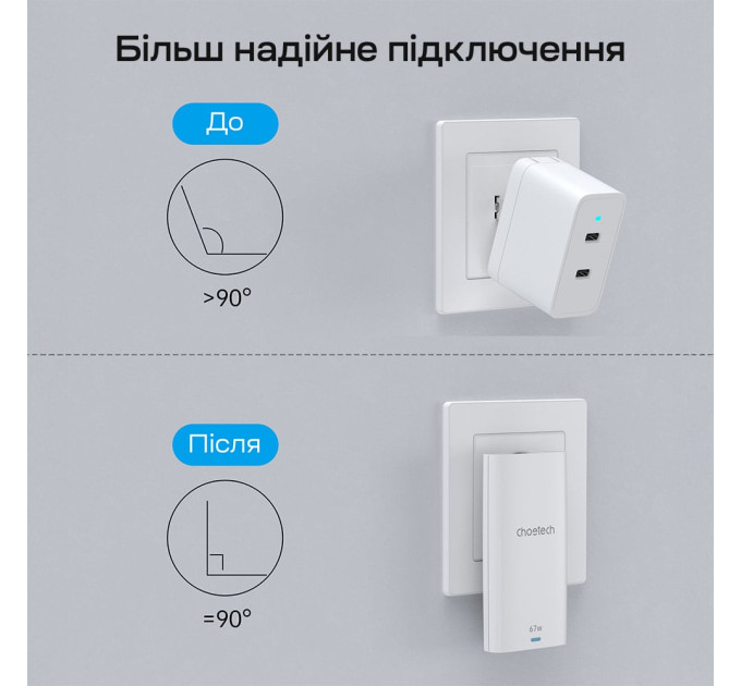 Мережевий зарядний пристрій Choetech PD6011 Ultra thin PD67W GAN A+C White