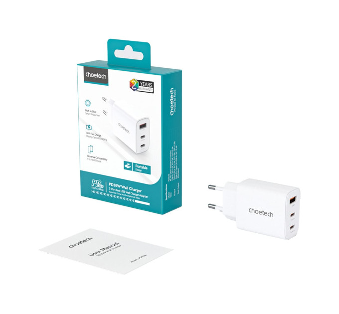 Мережевий зарядний пристрій Choetech PD3046 PD30W GAN USB-A+2xUSB-C White