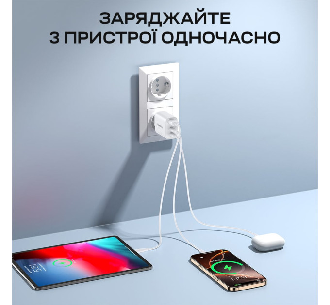 Мережевий зарядний пристрій Choetech PD3046 PD30W GAN USB-A+2xUSB-C White