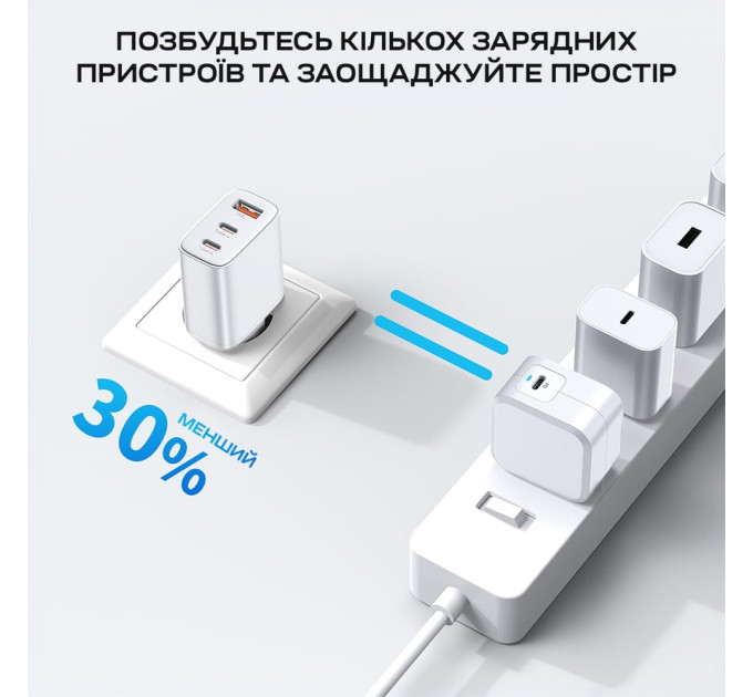 Мережевий зарядний пристрій Choetech PD3046 PD30W GAN USB-A+2xUSB-C White