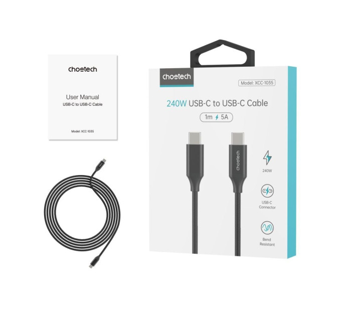 Кабель Choetech XCC-1035 Black USB-C to USB-C PD3.1 240W 1m
