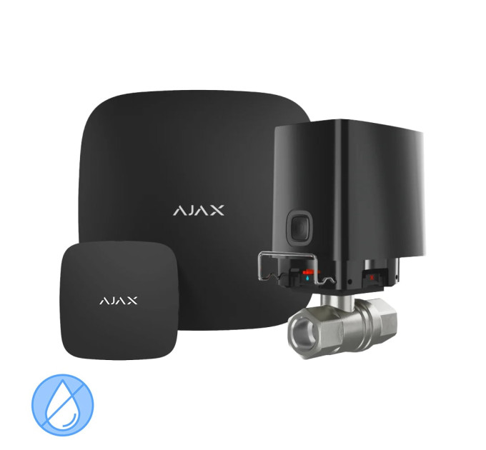 Комплект антипотоп Ajax: централь Hub2 (2G) + датчик затоплення LeaksProtect + кран перекриття води WaterStop 1" (DN25), чорний