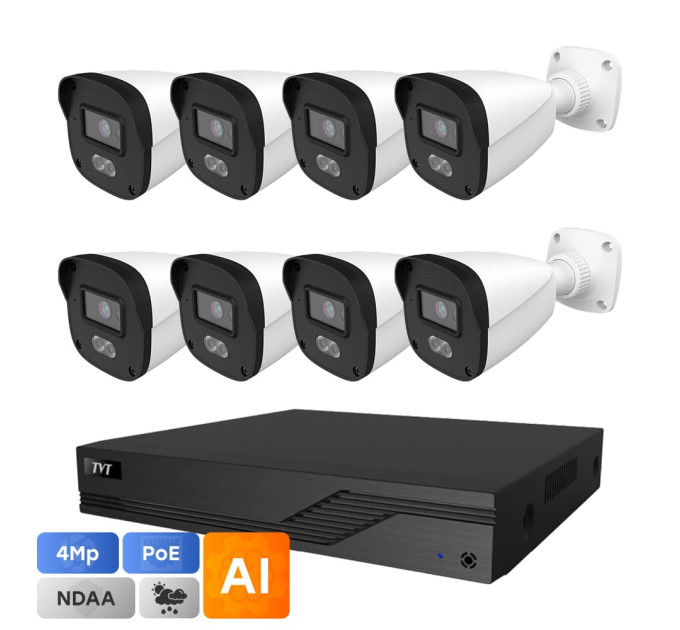 Комплект IP-відеонагляду на 8 камер TVT IP-Video Kit 8x4Mp (B) PoE: 8 циліндричних 4Mp відеокамери + 8-канальний 8Mp відеореєстратор