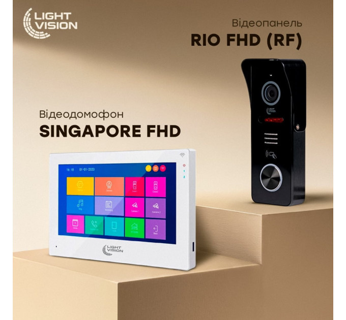 Комплект видеодомофона Light Vision: домофон 7" SINGAPORE (AI) FHD White и видеопанель RIO FHD Black