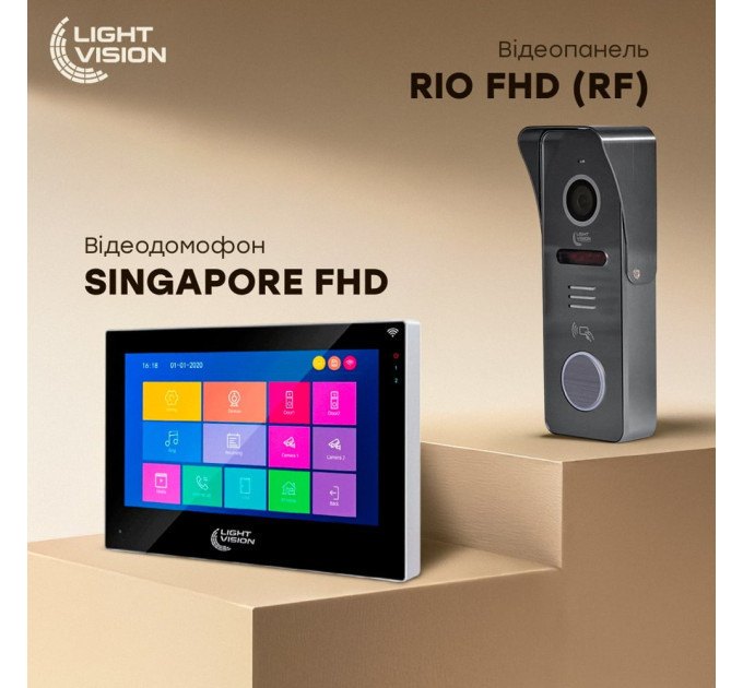Комплект видеодомофона Light Vision: домофон 10" SINGAPORE (AI) FHD Black и видеопанель RIO FHD Grey
