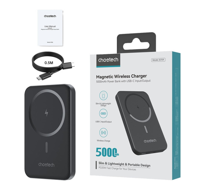 Повербанк 5000mAh Choetech B709 Black PD3.0 беспроводная магнитная зарядка
