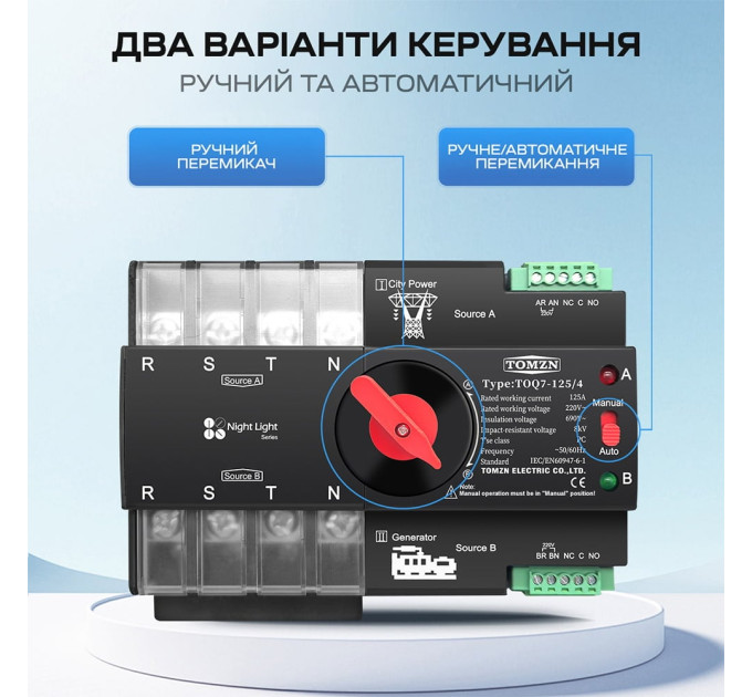 Автоматичний перемикач (АВР) під DIN-рейку TOMZN TOQ7/4P 125A 4 полюси