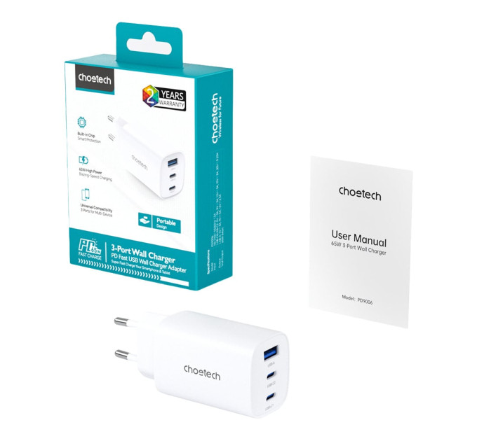 Мережевий зарядний пристрій Choetech PD9006 PD65W GAN USB-A+2xUSB-C White