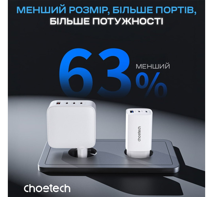Мережевий зарядний пристрій Choetech PD9006 PD65W GAN USB-A+2xUSB-C White