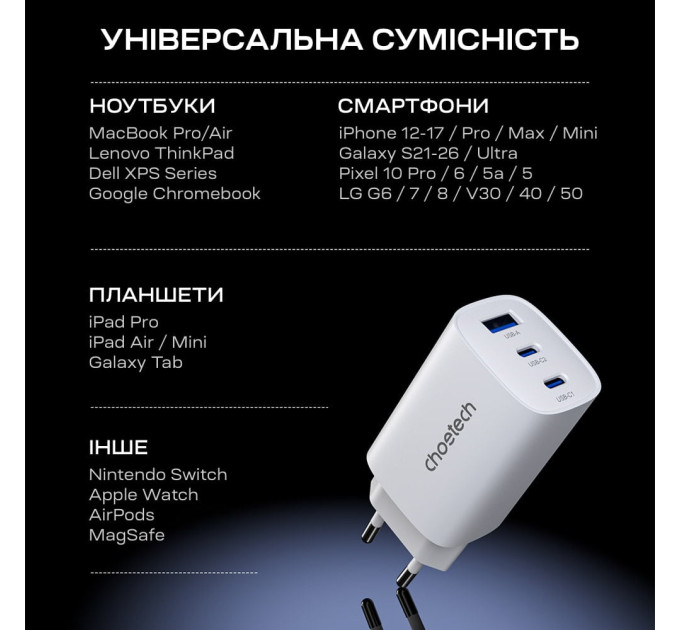 Мережевий зарядний пристрій Choetech PD9006 PD65W GAN USB-A+2xUSB-C White