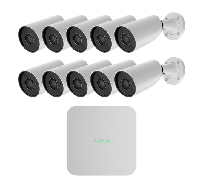 Комплект IP-відеонагляду на 10 камер Ajax IP-Video Kit 10x5Mp/2.8mm (BW): 10 циліндричних 5Mp відеокамер + 16-канальний 8Mp відеореєстратор