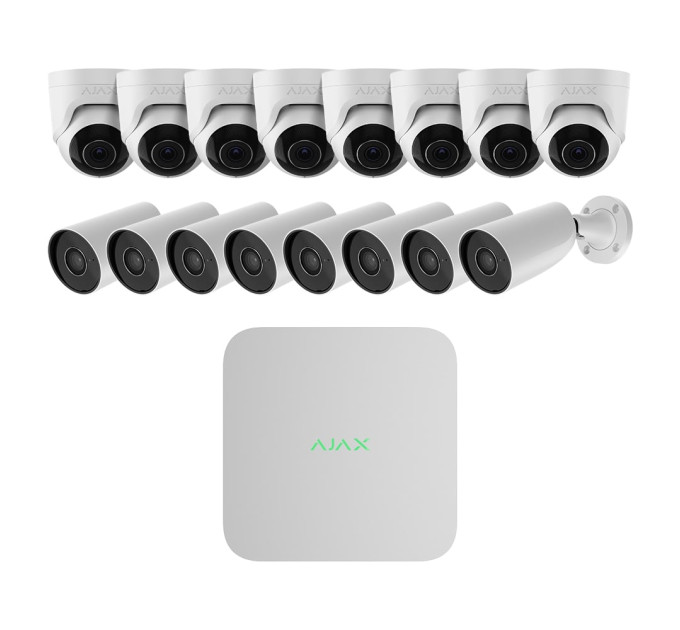 Комплект IP-відеонагляду на 16 камер Ajax IP-Video Kit 16x5Mp/2.8mm (BW/TW): 8 циліндричних 5Mp відеокамер + 8 купольних 5Mp відеокамер +16-канальний 8Mp відеореєстратор