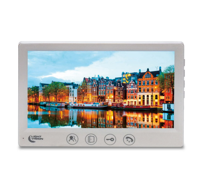 Комплект відеодомофона Light Vision з відеокамерою: домофон 7" AMSTERDAM FHD White, відеопанель 2Mp RIO FHD Grey, MHD-відеокамера 2Mp VLC-1192WFM Graphite