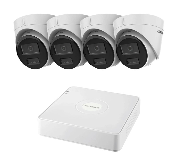 Комплект IP-відеонагляду на 4 камери Hikvision IP-Video Kit 4x2Mp (T) Mic DualLight: 4 купольні 2Mp відеокамери + 4-канальний 6Mp відеореєстратор