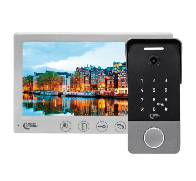 Комплект видеодомофона Light Vision: видеодомофон 7" AMSTERDAM FHD White и видеопанель 2Mp RIO FHD(KEY) Silver Комплект видеодомофона Light Vision: видеодомофон 7" AMSTERDAM FHD White и видеопанель 2Mp RIO FHD(KEY) Silver