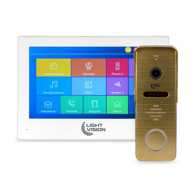 Комплект видеодомофона Light Vision: домофон 7" SINGAPORE (AI) FHD White и видеопанель RIO FHD Gold Комплект видеодомофона Light Vision: домофон 7" SINGAPORE (AI) FHD White и видеопанель RIO FHD Gold