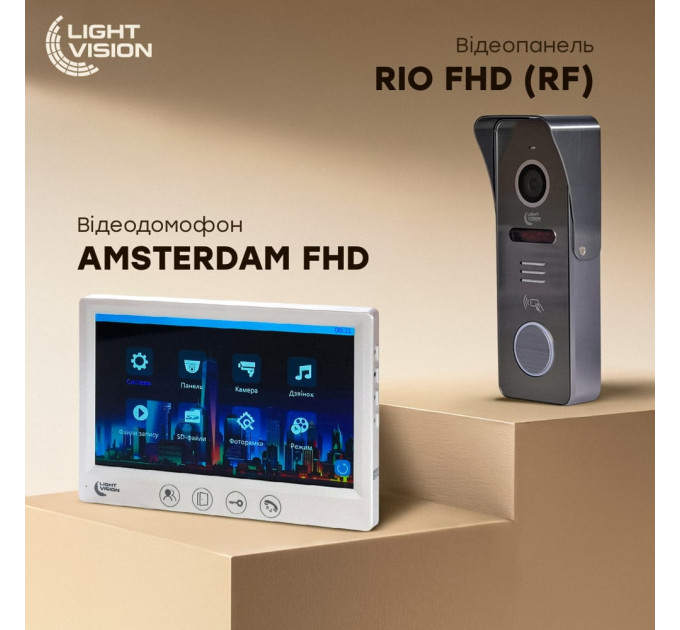 Комплект видеодомофона Light Vision: домофон 7" AMSTERDAM FHD White и видеопанель RIO FHD Grey