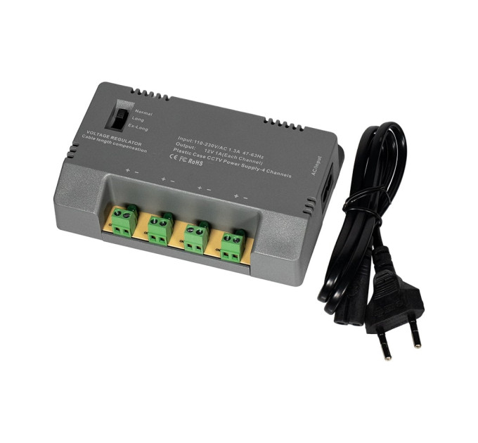 Блок живлення Kraft KRF-1204B (4CH) 60W, 4 канали навантаження, 12V/1A на 1 канал, з регулятором напруги для компенсації довжини кабелю