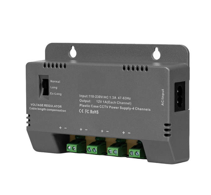 Блок живлення Kraft KRF-1204B (4CH) 60W, 4 канали навантаження, 12V/1A на 1 канал, з регулятором напруги для компенсації довжини кабелю