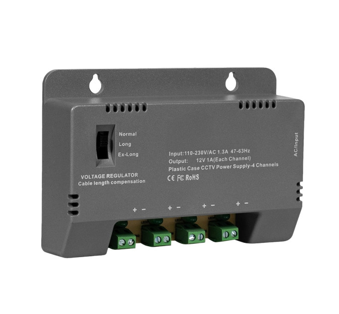 Блок живлення Kraft KRF-1204B (4CH) 60W, 4 канали навантаження, 12V/1A на 1 канал, з регулятором напруги для компенсації довжини кабелю