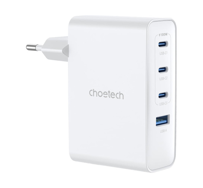 Мережевий зарядний пристрій Choetech PD9002 PD100W GAN USB-A+3xUSB-C White