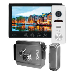 Комплект видеодомофона Light Vision с электрозамком: домофон 7" AMSTERDAM FHD Black, видеопанель 2Mp RIO FHD (RF) White со считывателем Mifare, электромеханический замок Trinix TRX Fass Steel