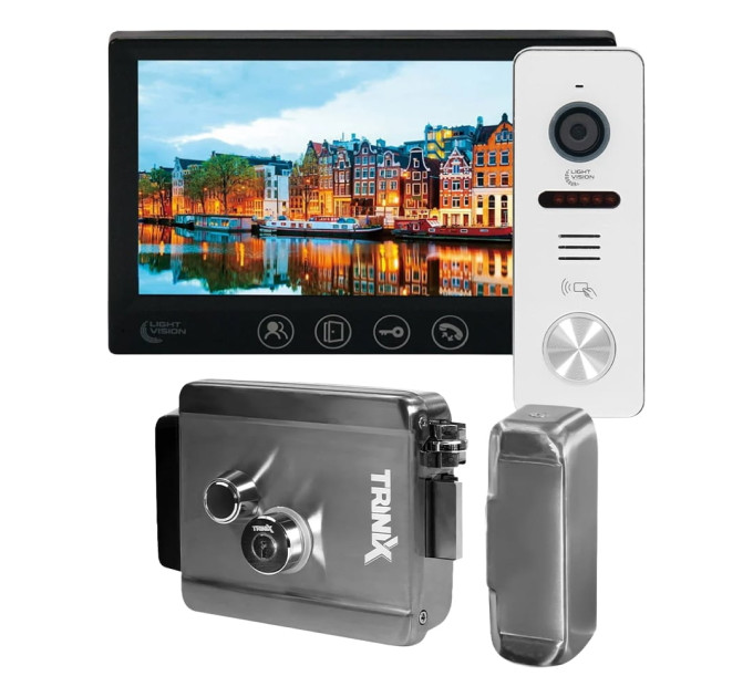 Комплект видеодомофона Light Vision с электрозамком: домофон 7" AMSTERDAM FHD Black, видеопанель 2Mp RIO FHD (RF) White со считывателем Mifare, электромеханический замок Trinix TRX Fass Steel Комплект видеодомофона Light Vision с электрозамком: домофон 7" AMSTERDAM FHD Black, видеопанель 2Mp RIO FHD (RF) White со считывателем Mifare, электромеханический замок Trinix TRX Fass Steel