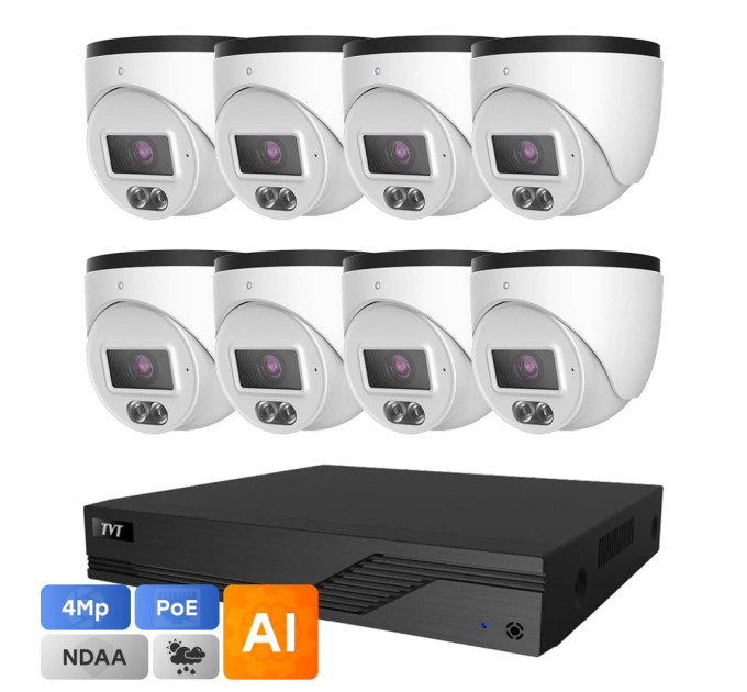 Комплект IP-відеонагляду на 8 камер TVT IP-Video Kit 8x4Mp (T) PoE: 8 купольних 4Mp відеокамери + 8-канальний 8Mp відеореєстратор