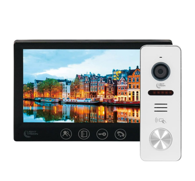 Комплект видеодомофона Light Vision с электрозамком: домофон 7" AMSTERDAM FHD Black, видеопанель 2Mp RIO FHD (RF) White со считывателем Mifare, электромеханический замок Trinix TRX Fass Steel
