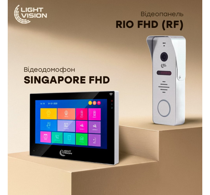 Комплект видеодомофона Light Vision: домофон 7" SINGAPORE (AI) FHD Black и видеопанель RIO FHD Silver