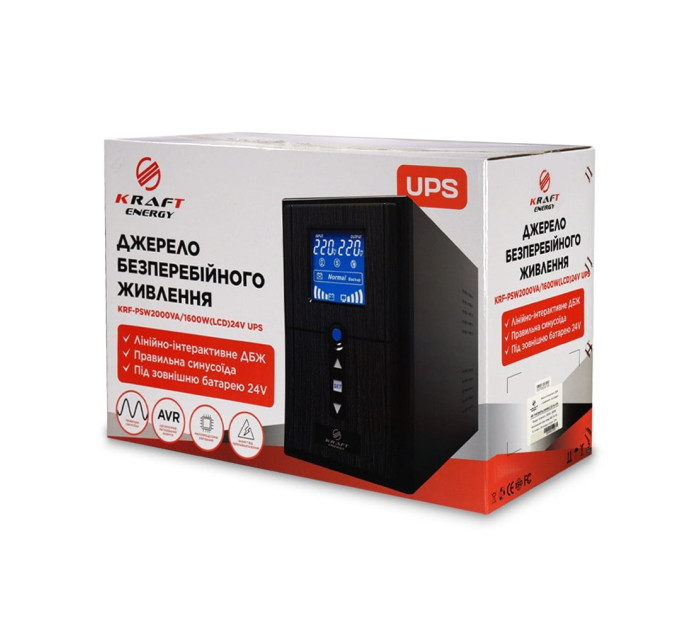 Источник бесперебойного питания Kraft KRF-PSW2000VA/1600W(LCD)24V UPS под внешний аккумулятор