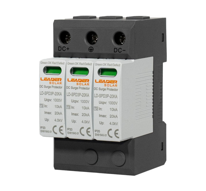 Обмежувач напруги DC 1000V Leader LD-SPD3P-20KA-1000V під DIN-рейку Обмежувач напруги DC 1000V Leader LD-SPD3P-20KA-1000V під DIN-рейку