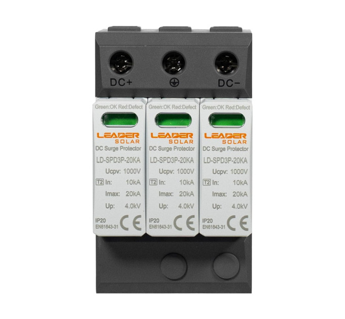 Обмежувач напруги DC 1000V Leader LD-SPD3P-20KA-1000V під DIN-рейку