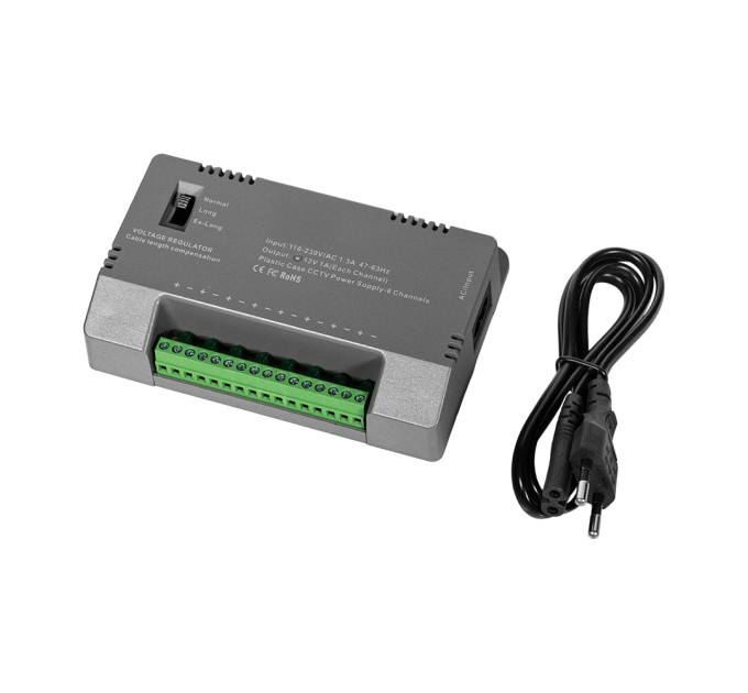 Блок живлення Kraft KRF-1208B (8CH) 96W, 8 каналів навантаження, 12V/1A на 1 канал, з регулятором напруги для компенсації довжини кабелю