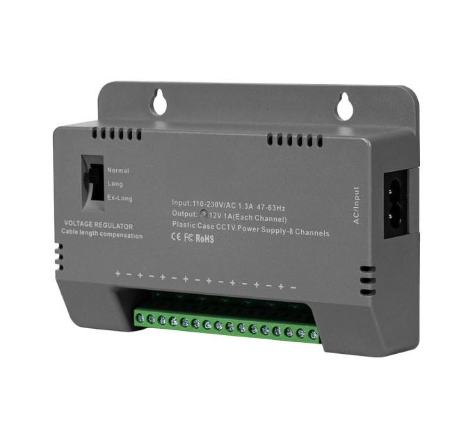 Блок живлення Kraft KRF-1208B (8CH) 96W, 8 каналів навантаження, 12V/1A на 1 канал, з регулятором напруги для компенсації довжини кабелю