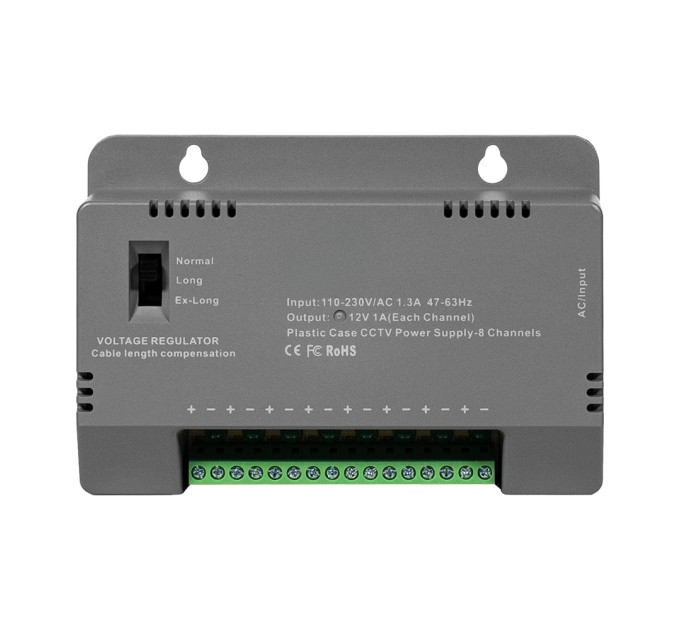 Блок живлення Kraft KRF-1208B (8CH) 96W, 8 каналів навантаження, 12V/1A на 1 канал, з регулятором напруги для компенсації довжини кабелю