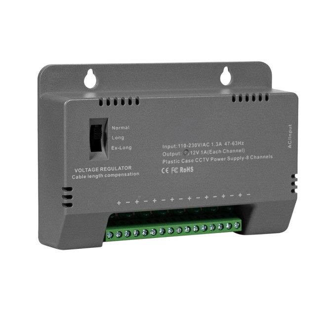 Блок живлення Kraft KRF-1208B (8CH) 96W, 8 каналів навантаження, 12V/1A на 1 канал, з регулятором напруги для компенсації довжини кабелю