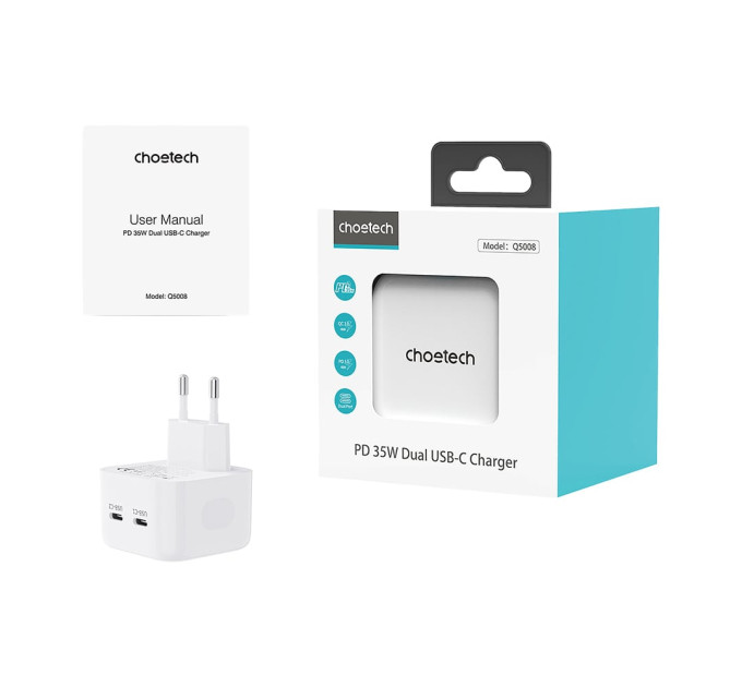 Сетевое зарядное устройство для Choetech Q5008 PD35W 2xUSB-C White